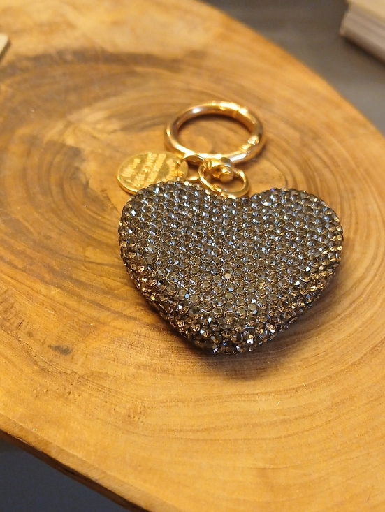 Accessories - Gold Keyring Heart Charm with Gunmetal Crystal Pavé